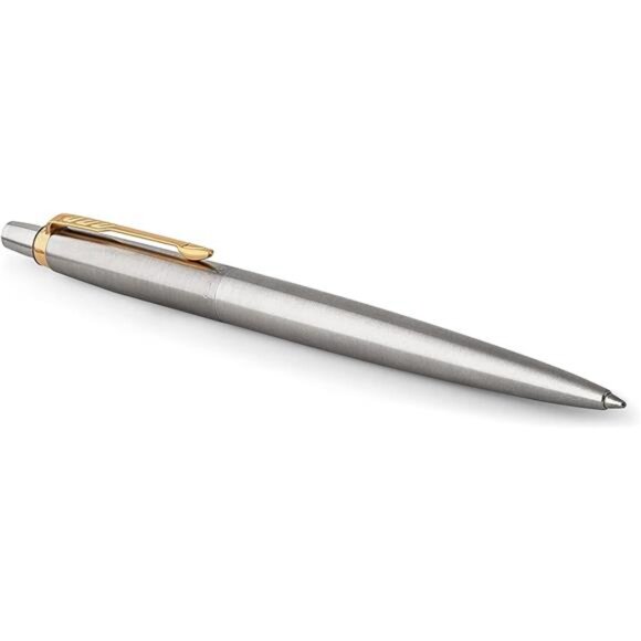 Jotter Ballpoint Pen, Stainless Steel with Golden Trim, Medium Point Blue Ink - Picture 1 of 7